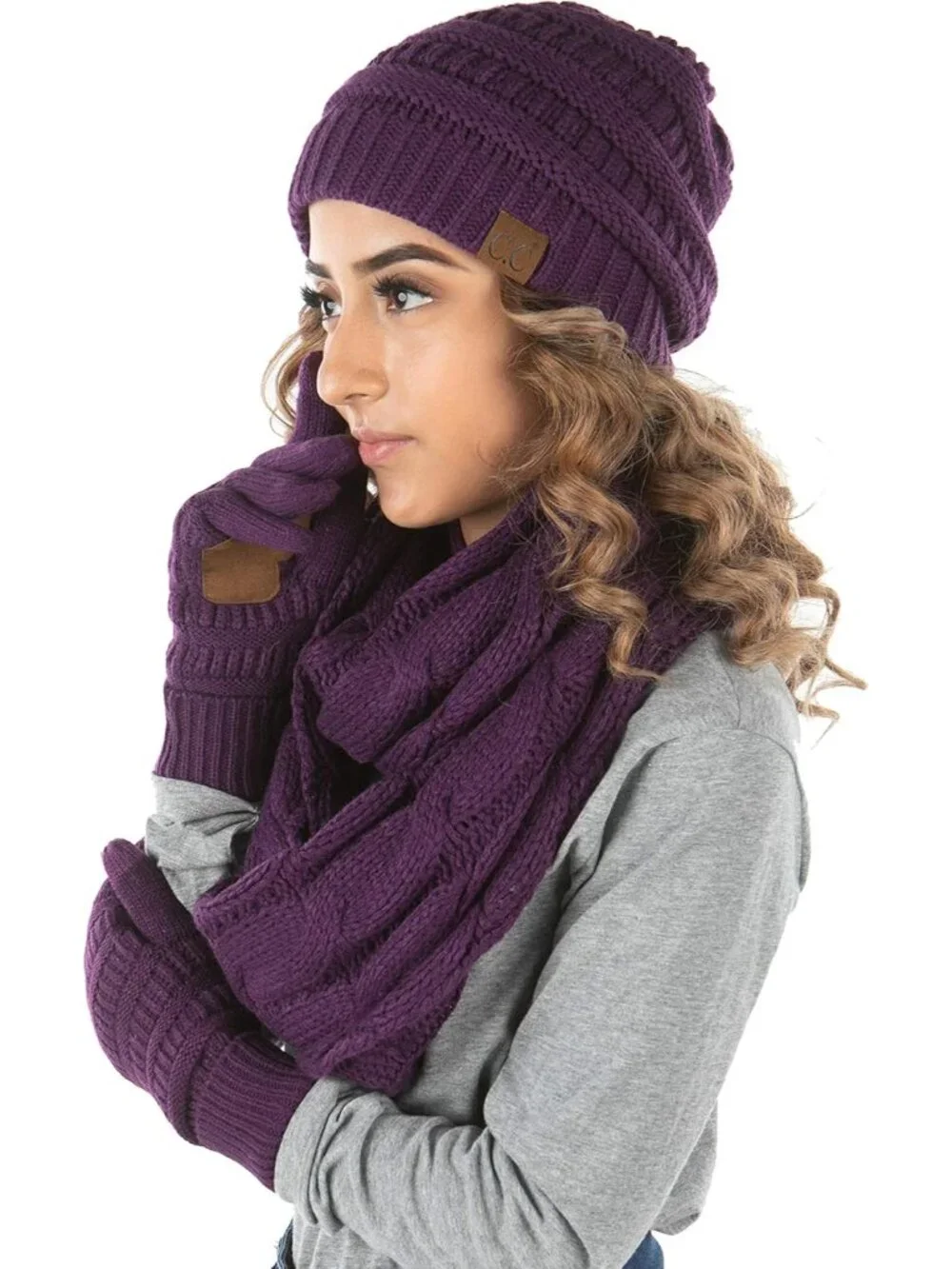 Hat Scarf Glove Set for Women – Matching Winter Set with Ribbed Knit Beanie, Inf